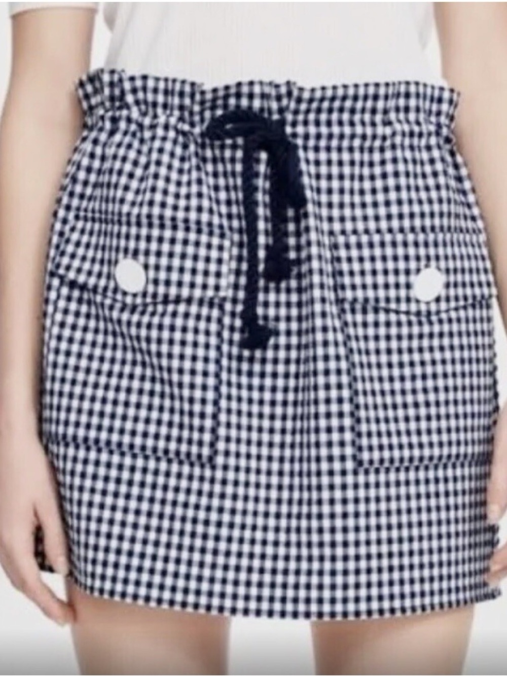 NWOT Zara Navy Blue/White Gingham Plaid Drawstring Paperbag Mini Skirt